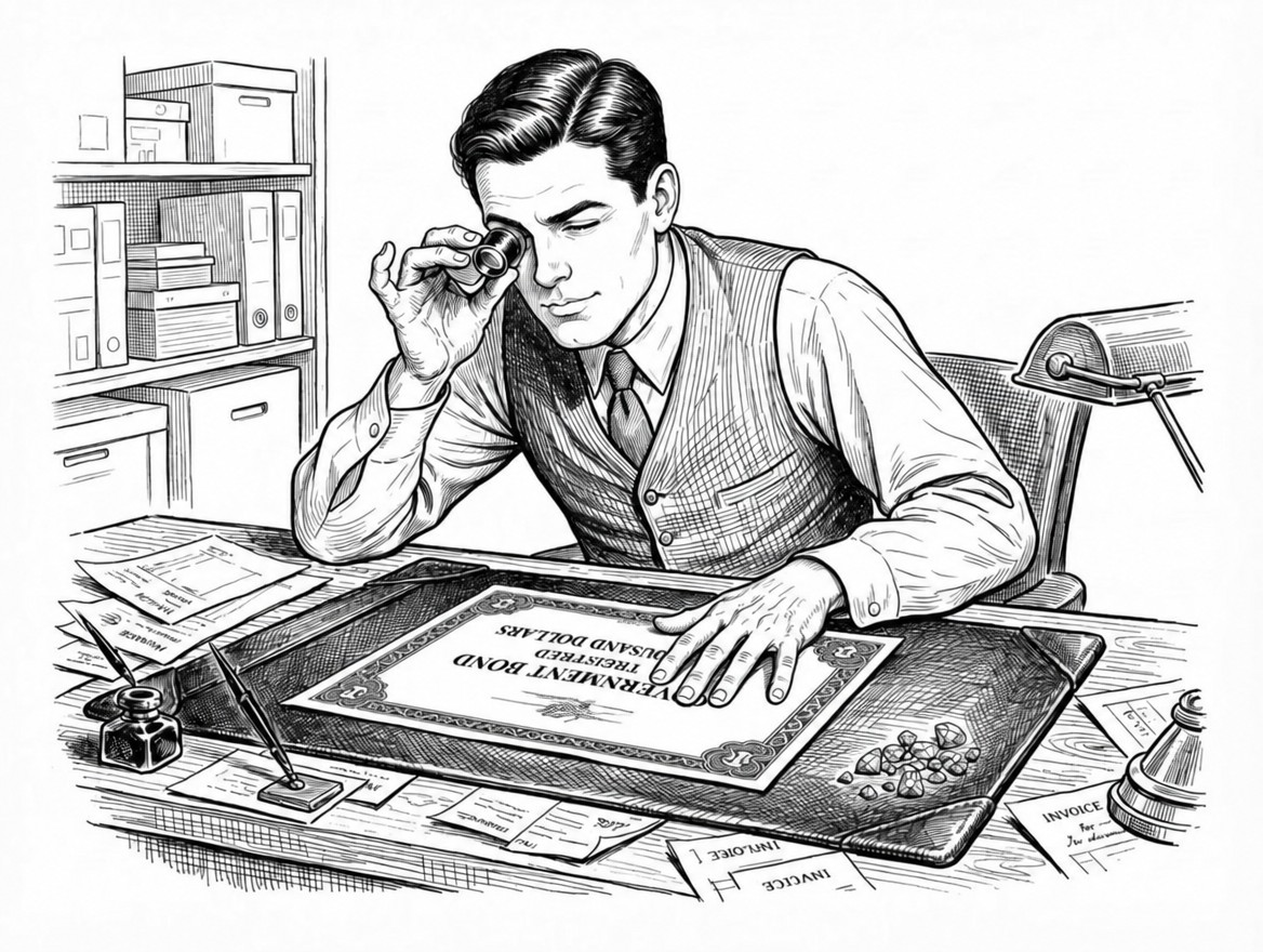 A diamond dealer examines a government bond through his loupe, his diamonds pushed aside