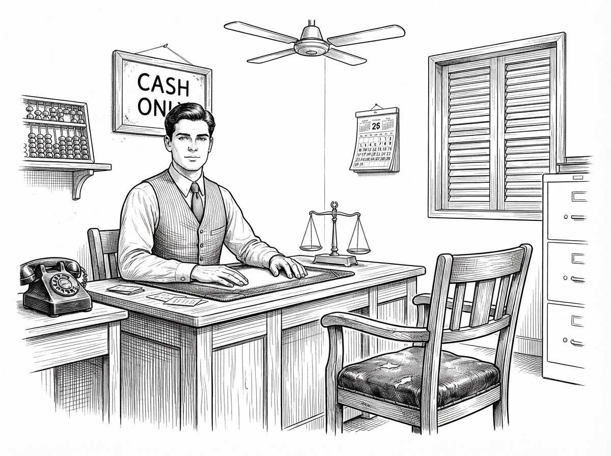 A dealer waits at his desk beneath a cash-only sign, the customer’s chair across from him empty