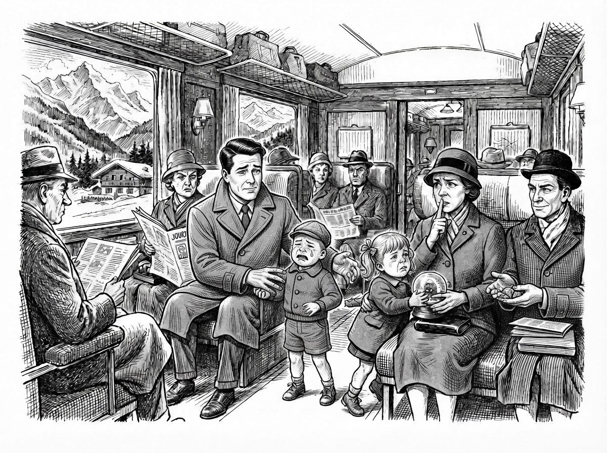 A father comforts his crying children on a Swiss train while the passengers around them glare and shush